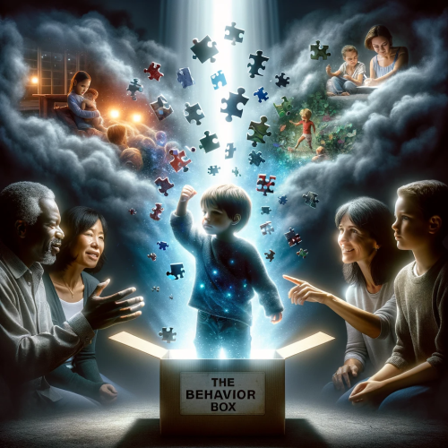 DALL·E 2023-10-31 10.46.09 - Photo of a young child in the center, surrounded by a dark and chaotic cloud of scattered puzzle pieces. A beam of light comes from a box labeled 'The